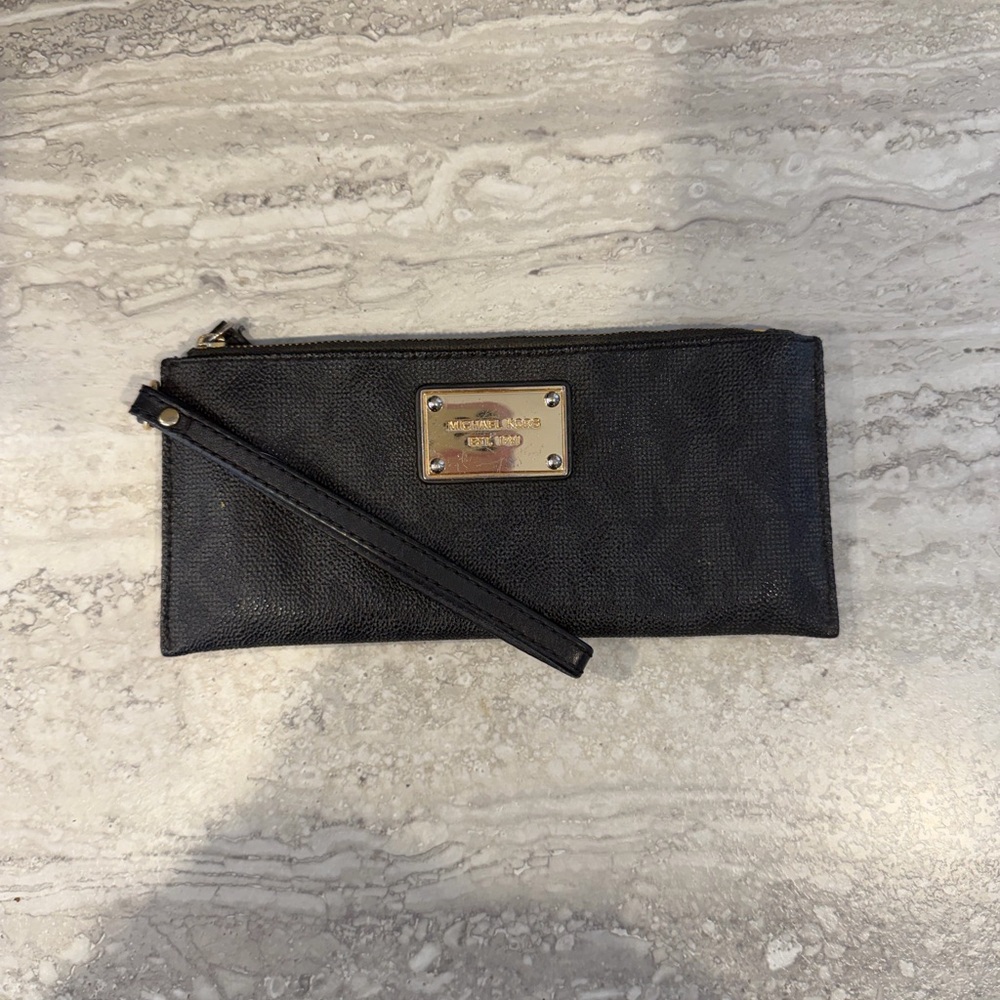 Michael Kors Black Leather Wristlet with Gold Plate